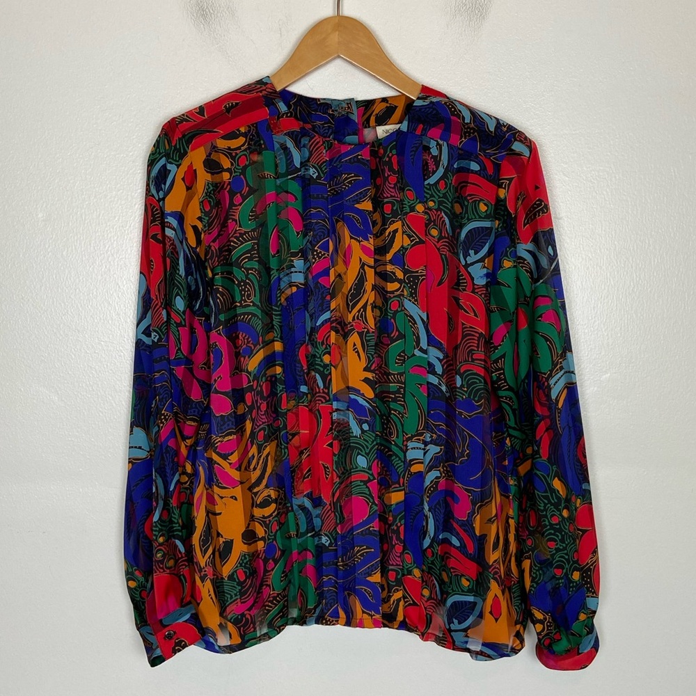 Nicola 90s sheer Pleated Long Sleeves Top Sz 10 Chiffon Floral Artsy Prairie VTG